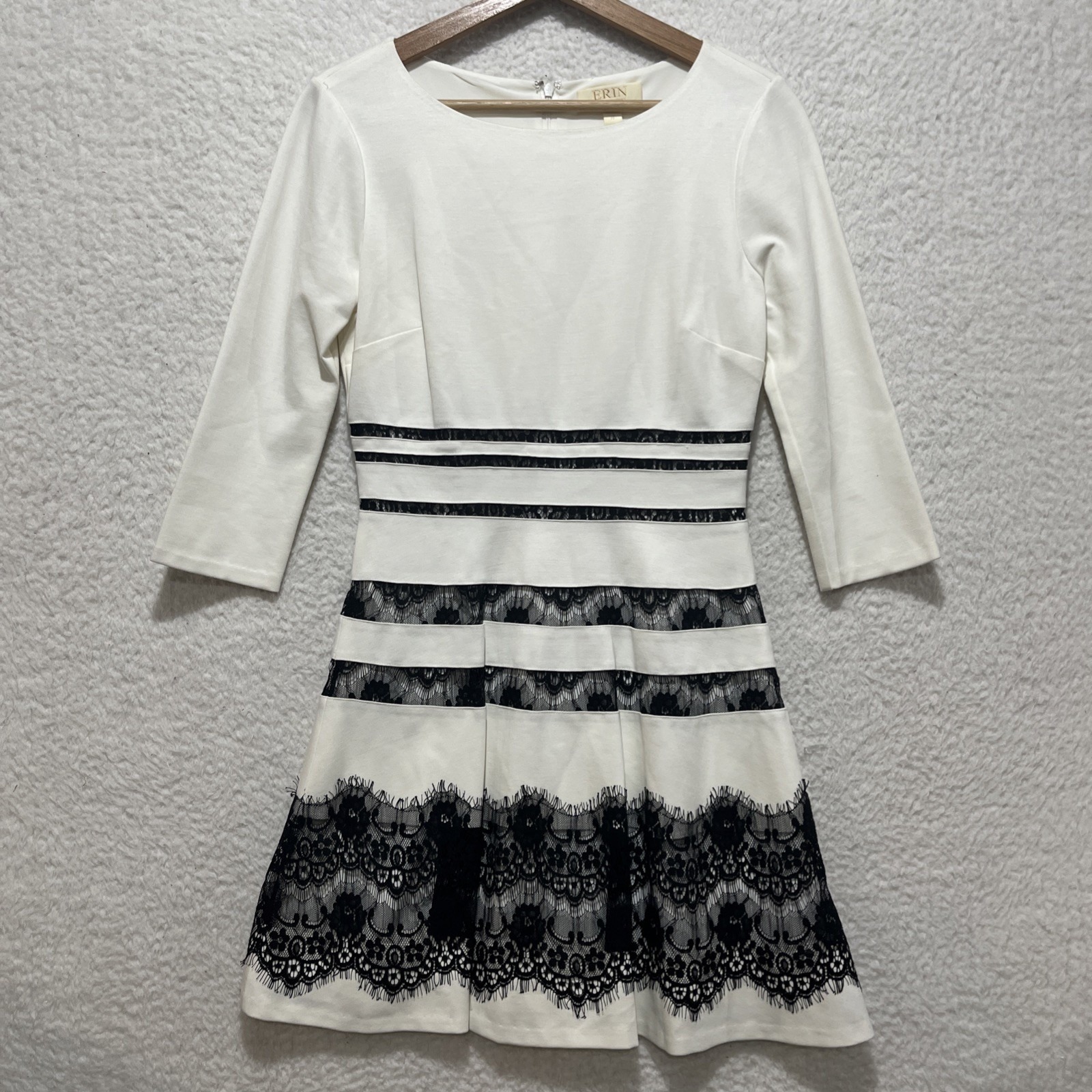 Erin Fetherston Women's White Lace Striped Dress Quarter Sleeve Elegant Sz 6
